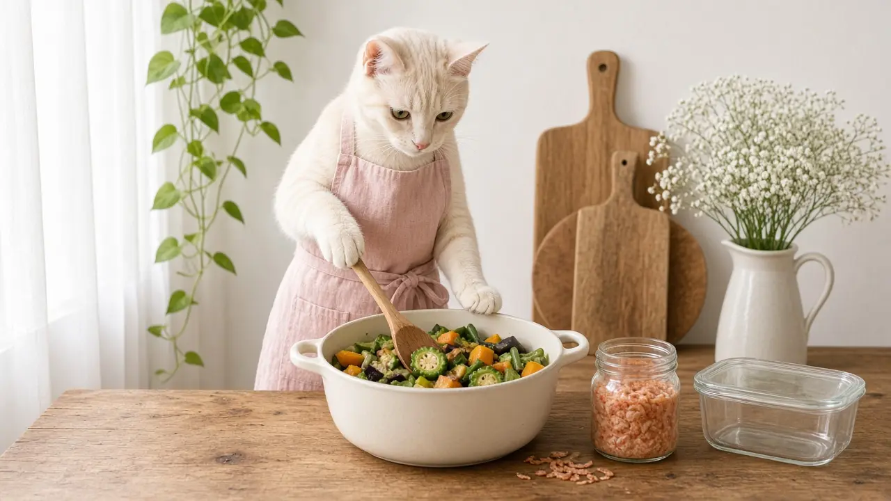 A cream-coloured cat in a pink apron, cooking this dish