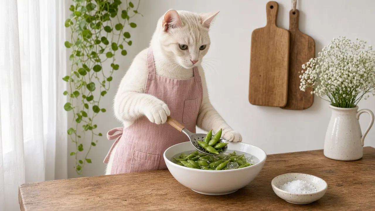 A cream-coloured cat in a pink apron, cooking this dish