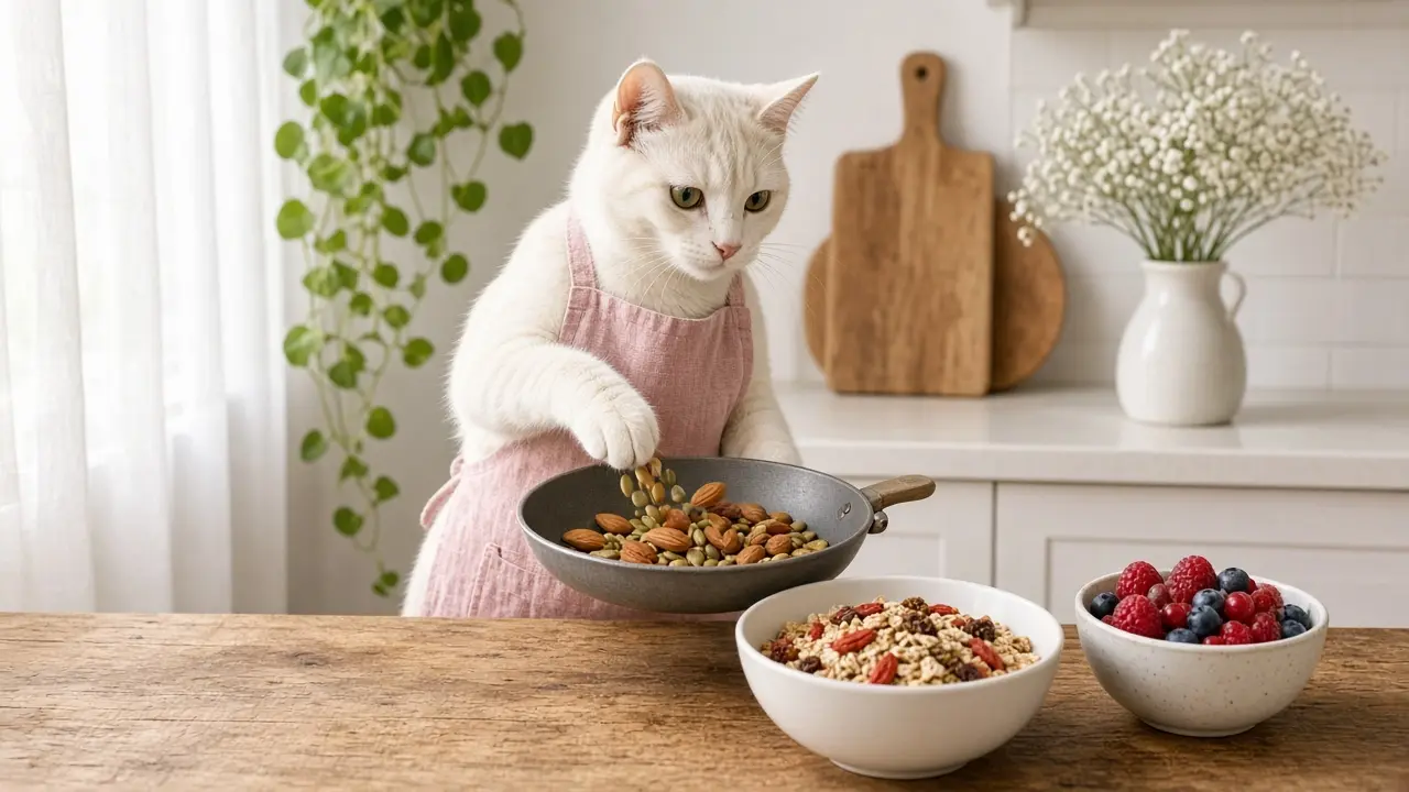 A cream-coloured cat in a pink apron, cooking this dish