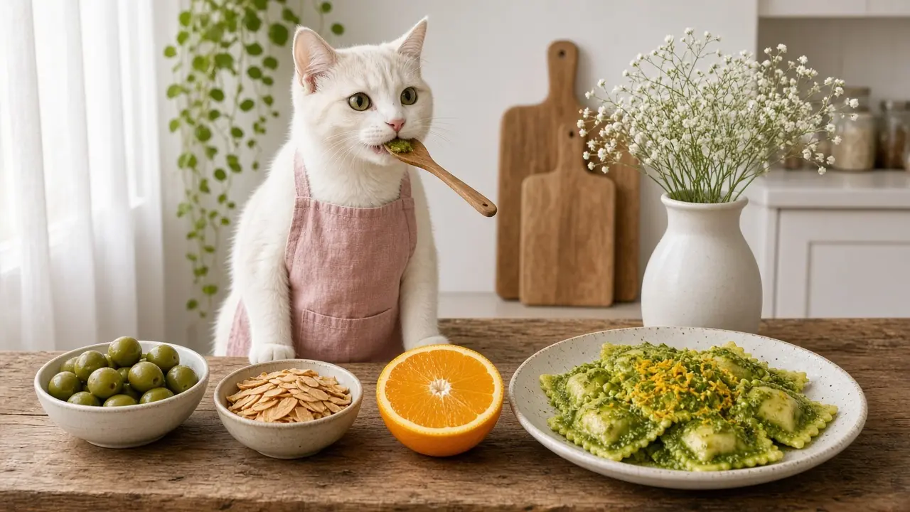 A cream-coloured cat in a pink apron, cooking this dish