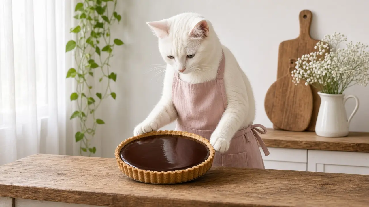 A cream-coloured cat in a pink apron, cooking this dish