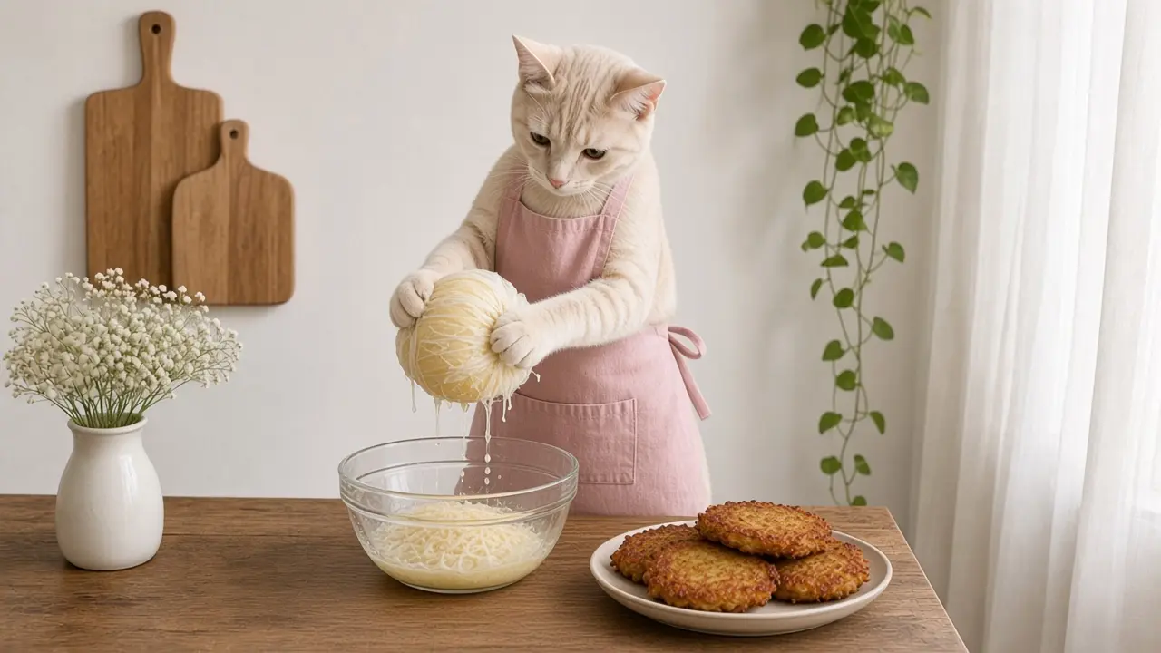 A cream-coloured cat in a pink apron, cooking this dish
