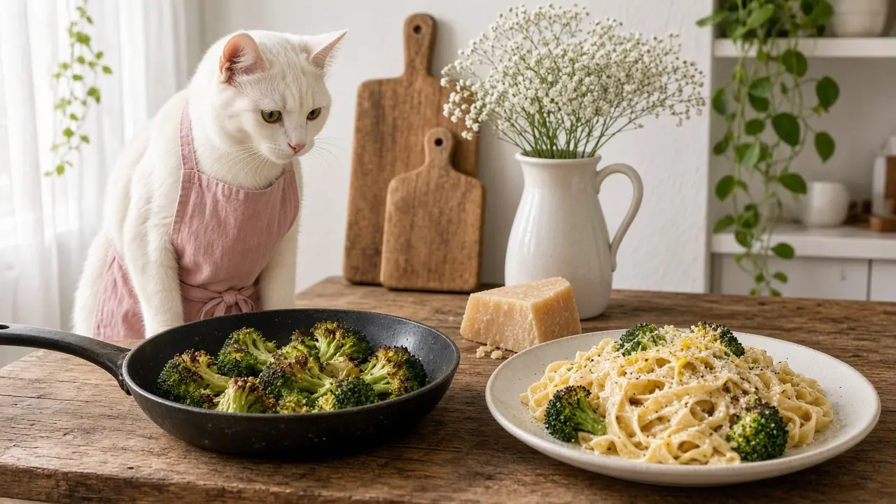 A cream-coloured cat in a pink apron, cooking this dish