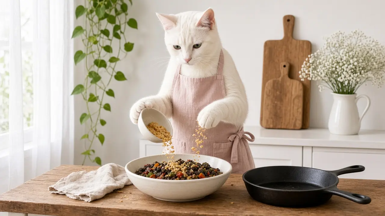 A cream-coloured cat in a pink apron, cooking this dish