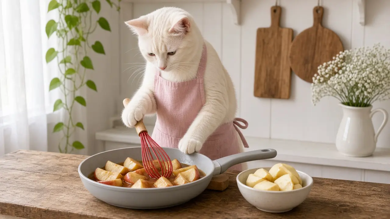 A cream-coloured cat in a pink apron, cooking this dish