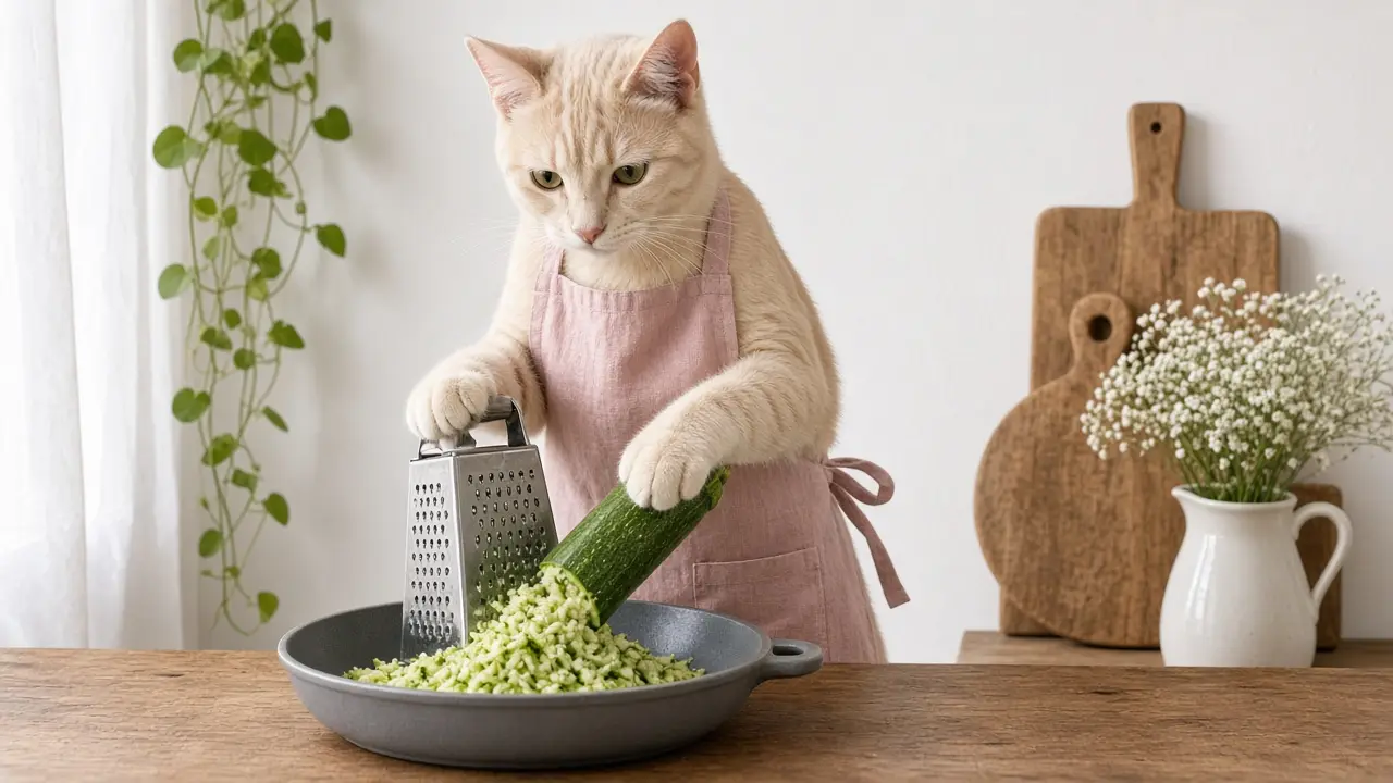 A cream-coloured cat in a pink apron, cooking this dish