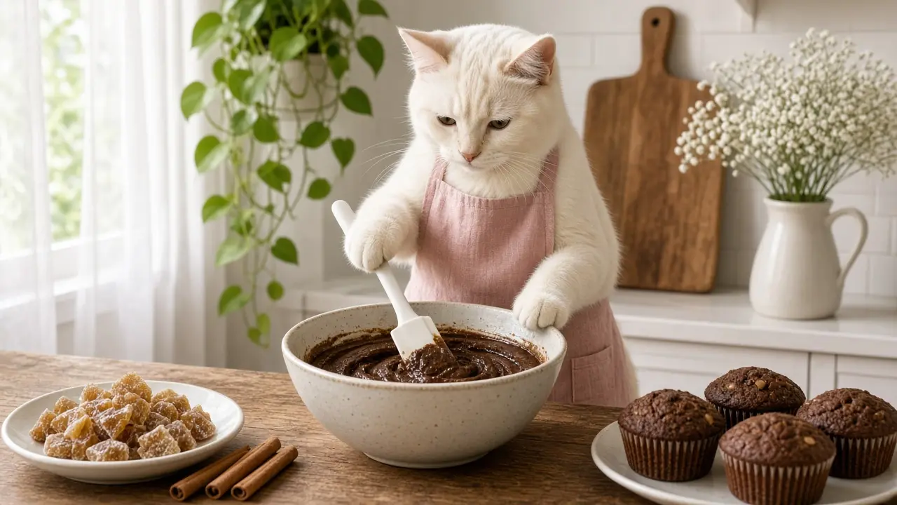 A cream-coloured cat in a pink apron, cooking this dish