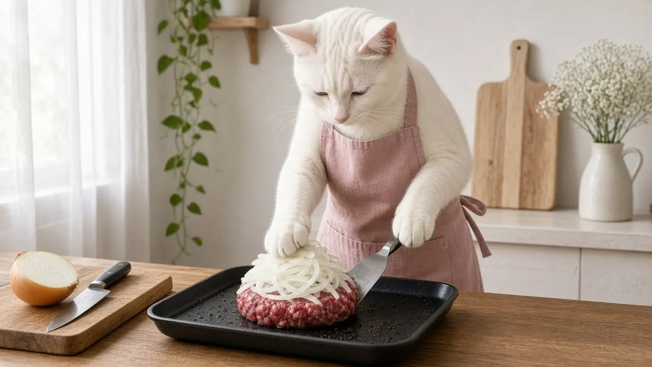 A cream-coloured cat in a pink apron, cooking this dish