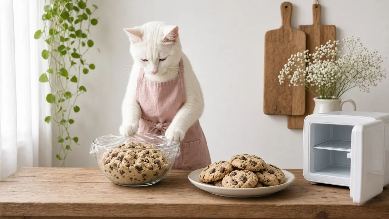 A cream-coloured cat in a pink apron, cooking this dish