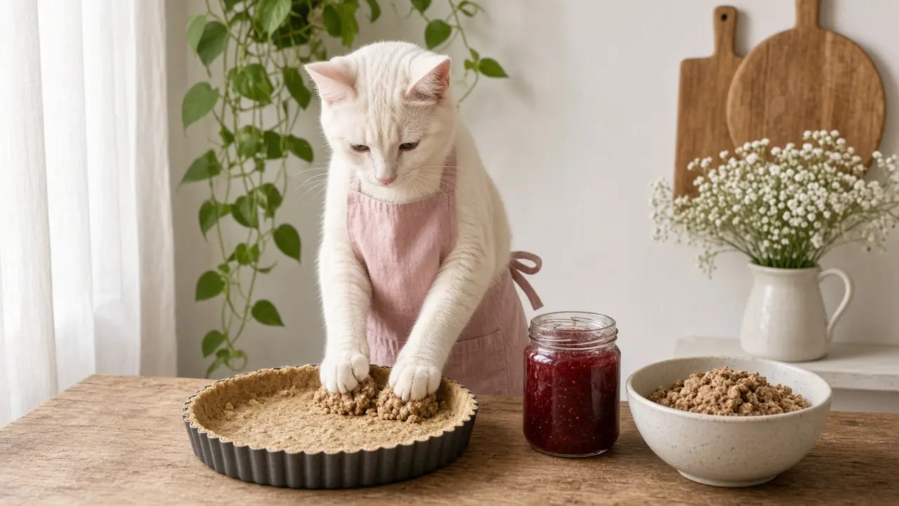 A cream-coloured cat in a pink apron, cooking this dish
