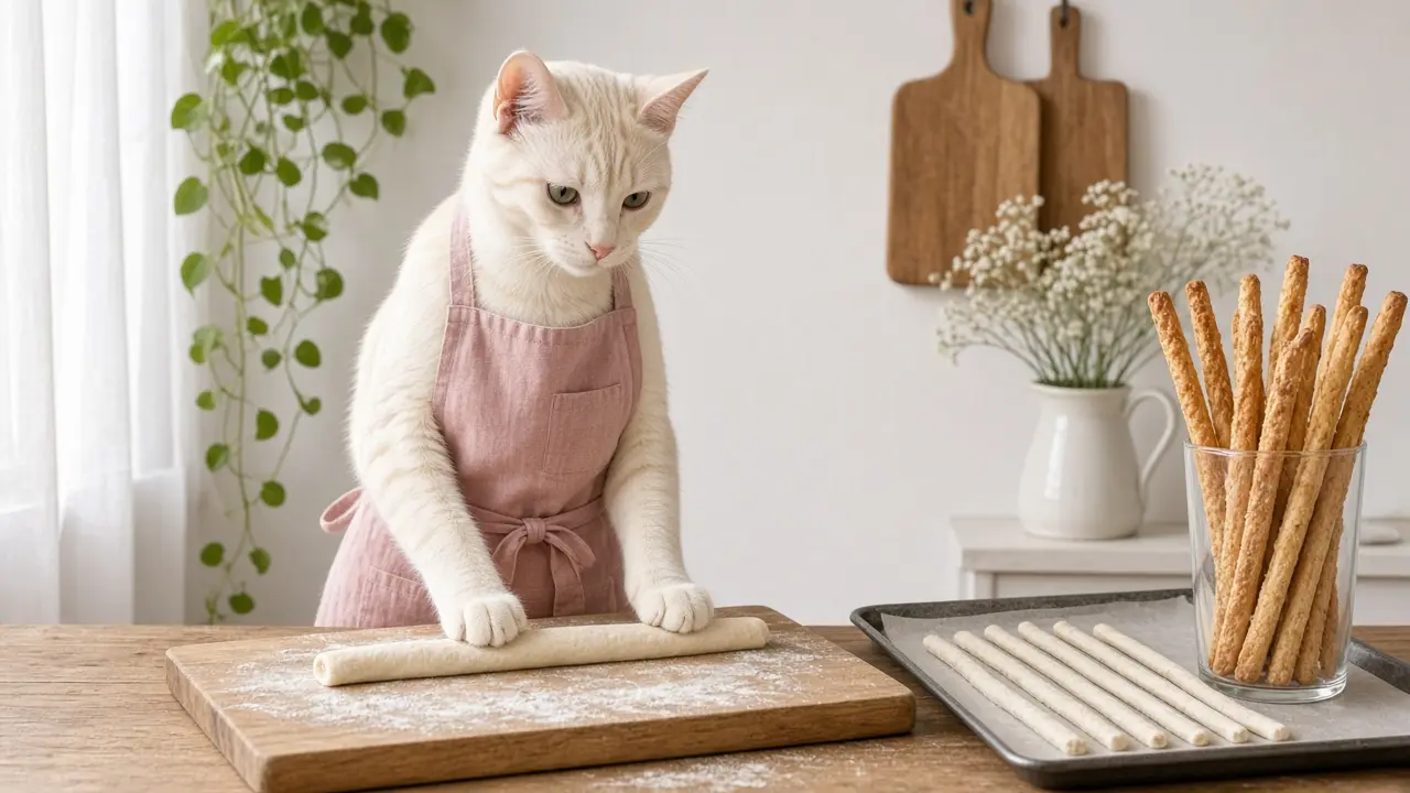 A cream-coloured cat in a pink apron, cooking this dish