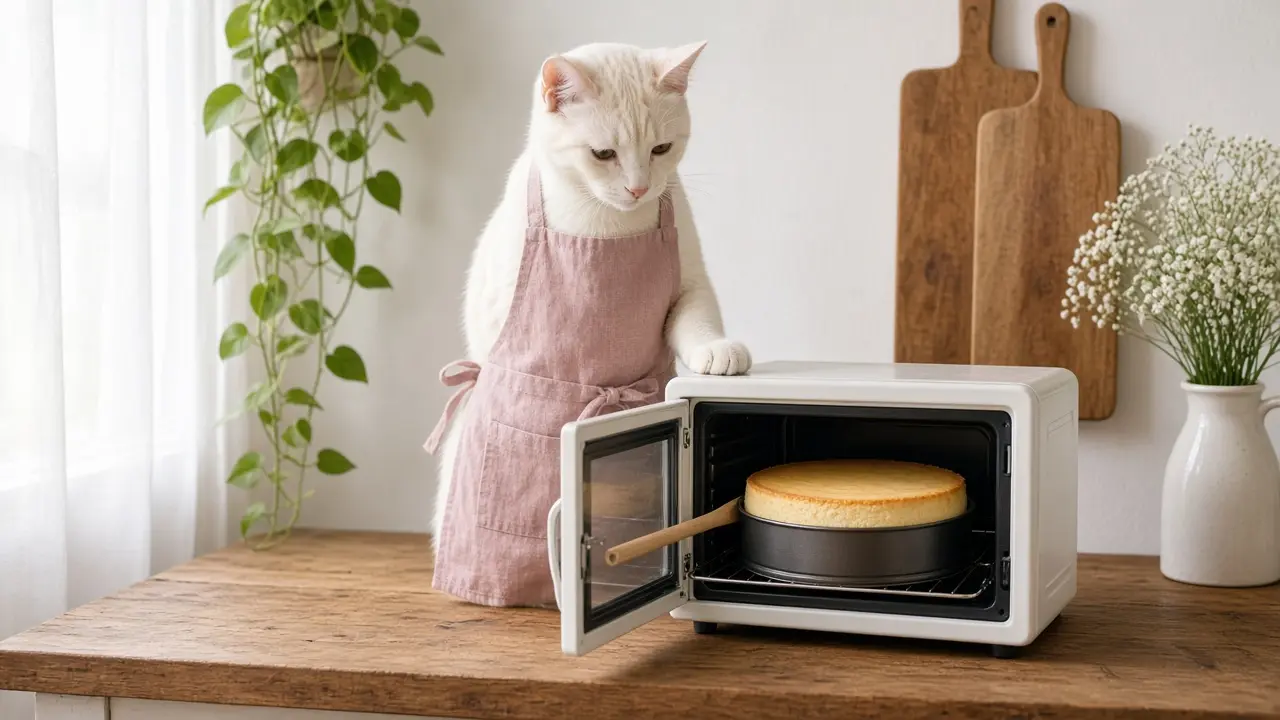 A cream-coloured cat in a pink apron, cooking this dish