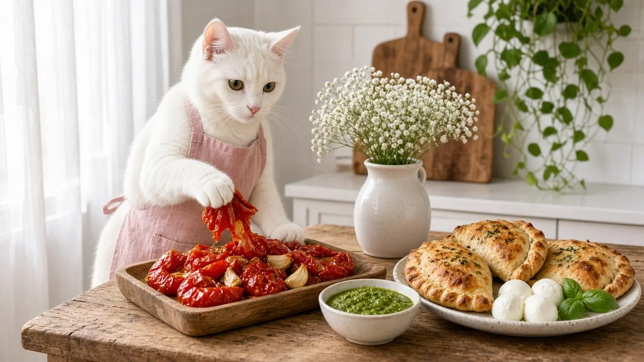 A cream-coloured cat in a pink apron, cooking this dish