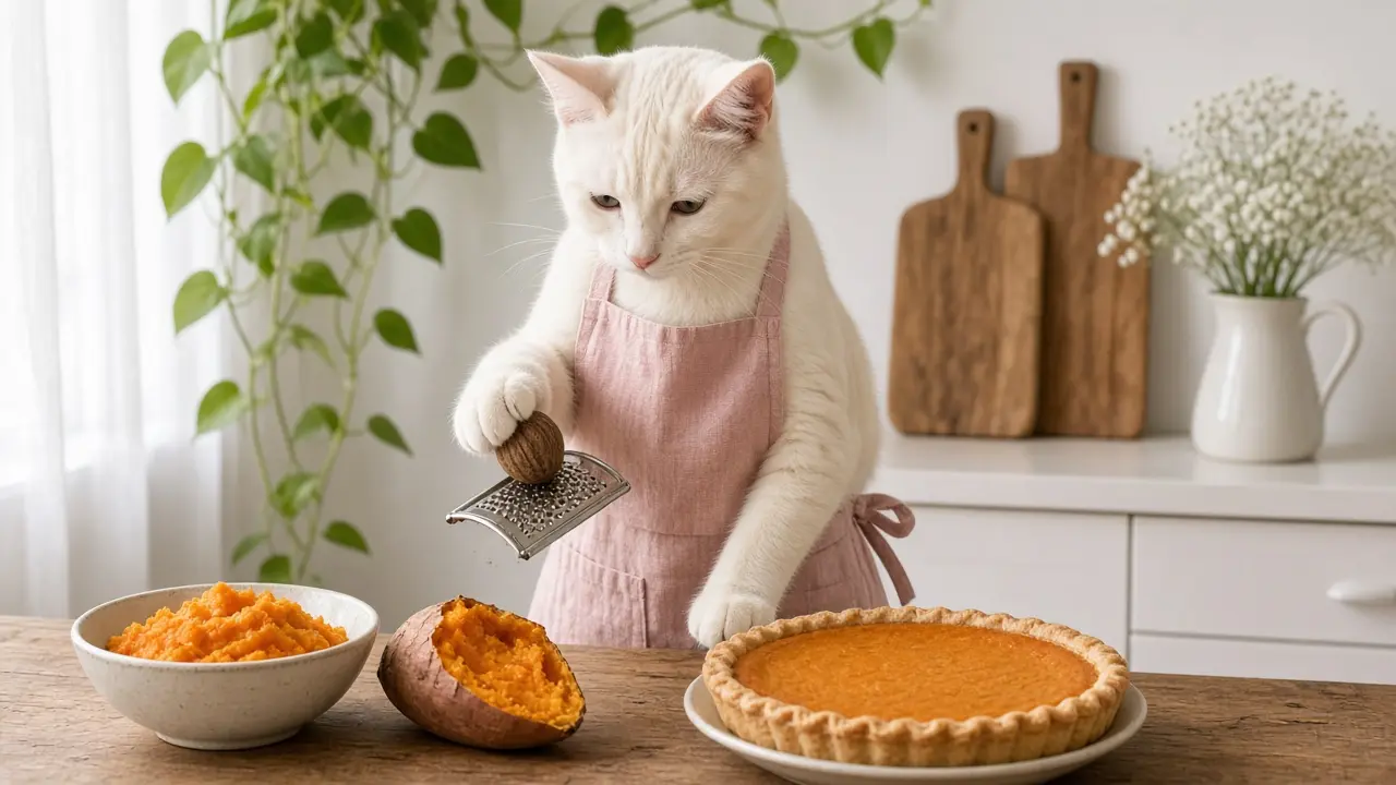 A cream-coloured cat in a pink apron, cooking this dish