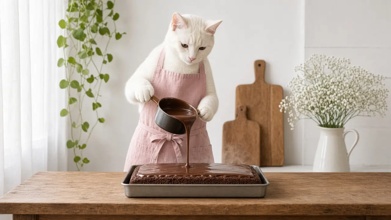 A cream-coloured cat in a pink apron, cooking this dish