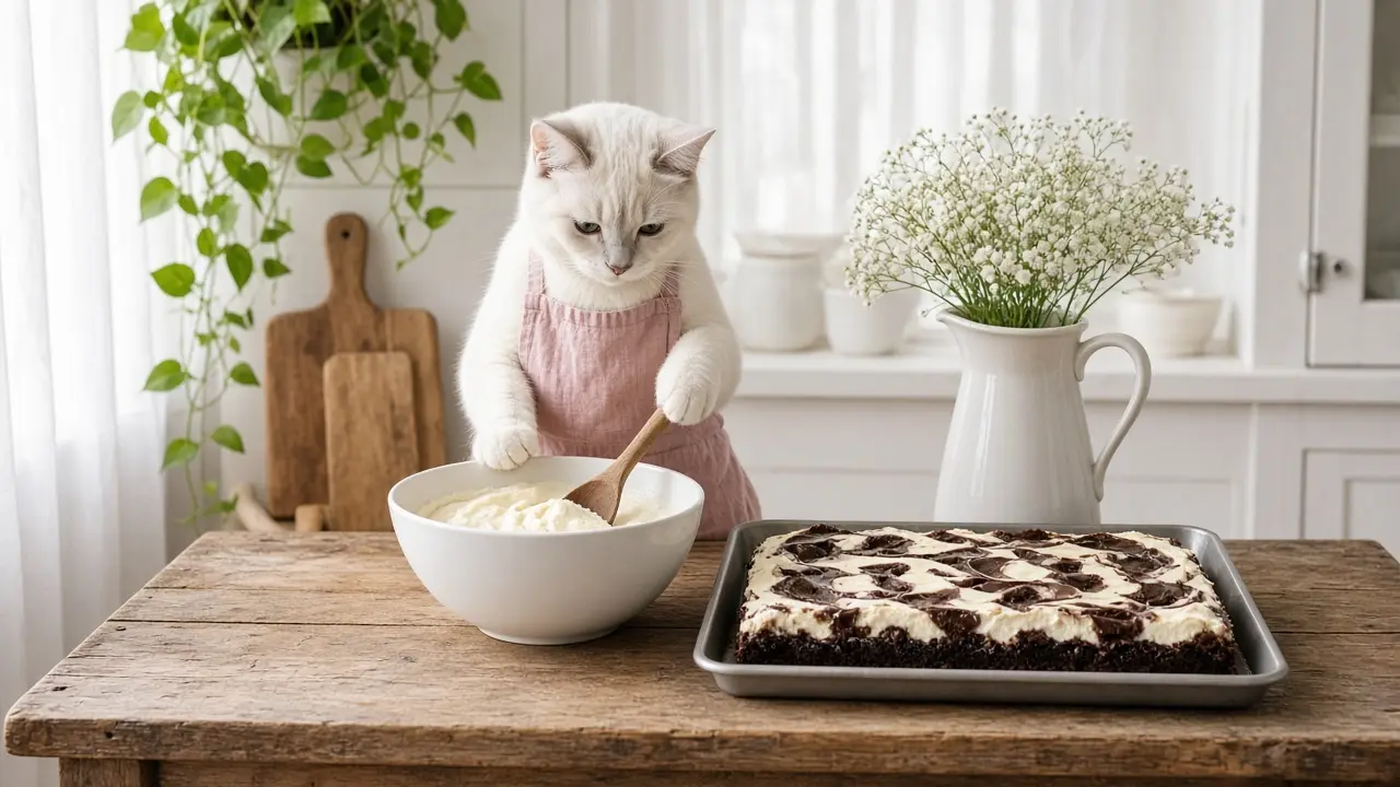 A cream-coloured cat in a pink apron, cooking this dish