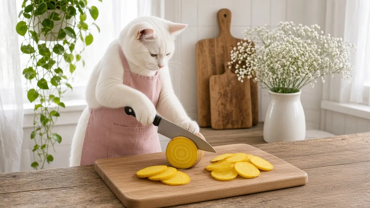 A cream-coloured cat in a pink apron, cooking this dish