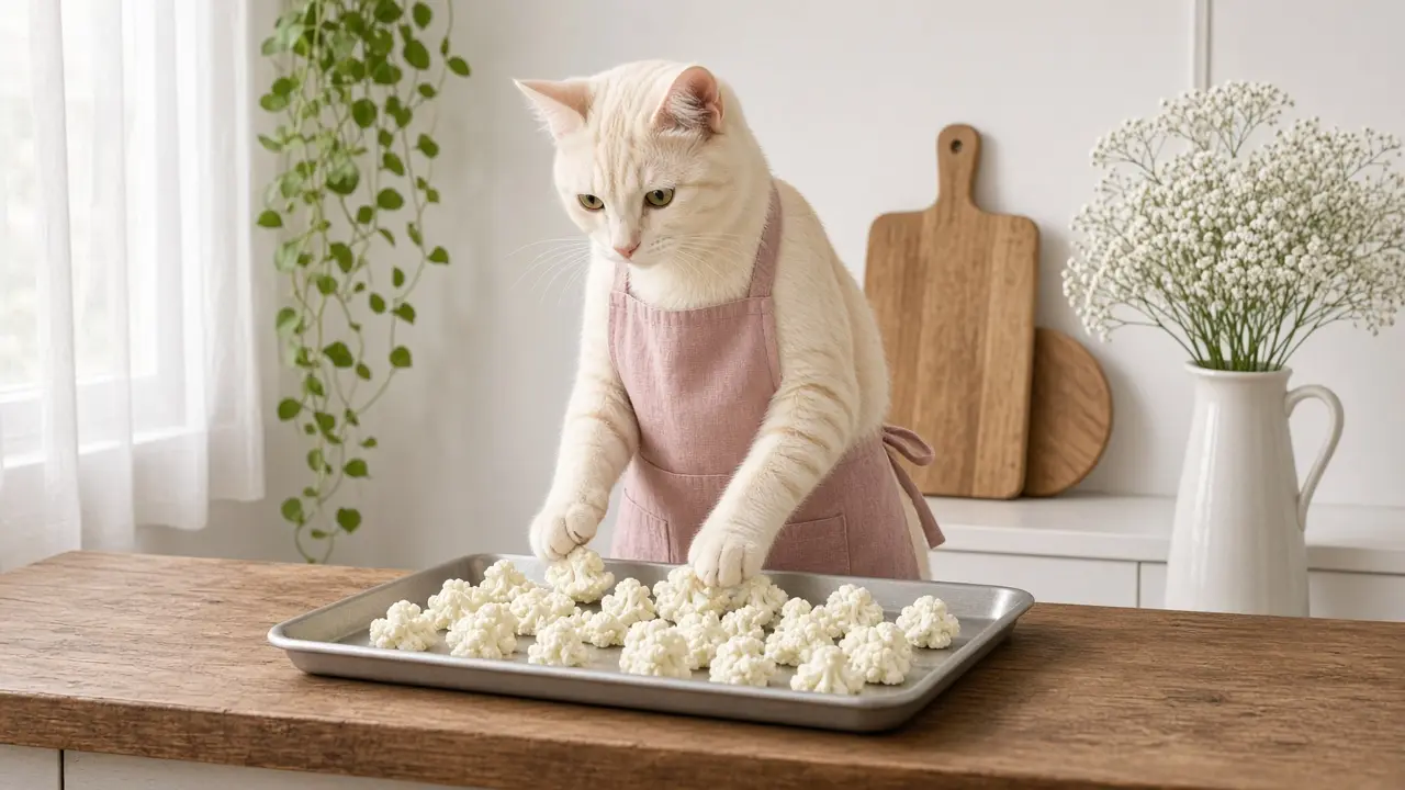A cream-coloured cat in a pink apron, cooking this dish