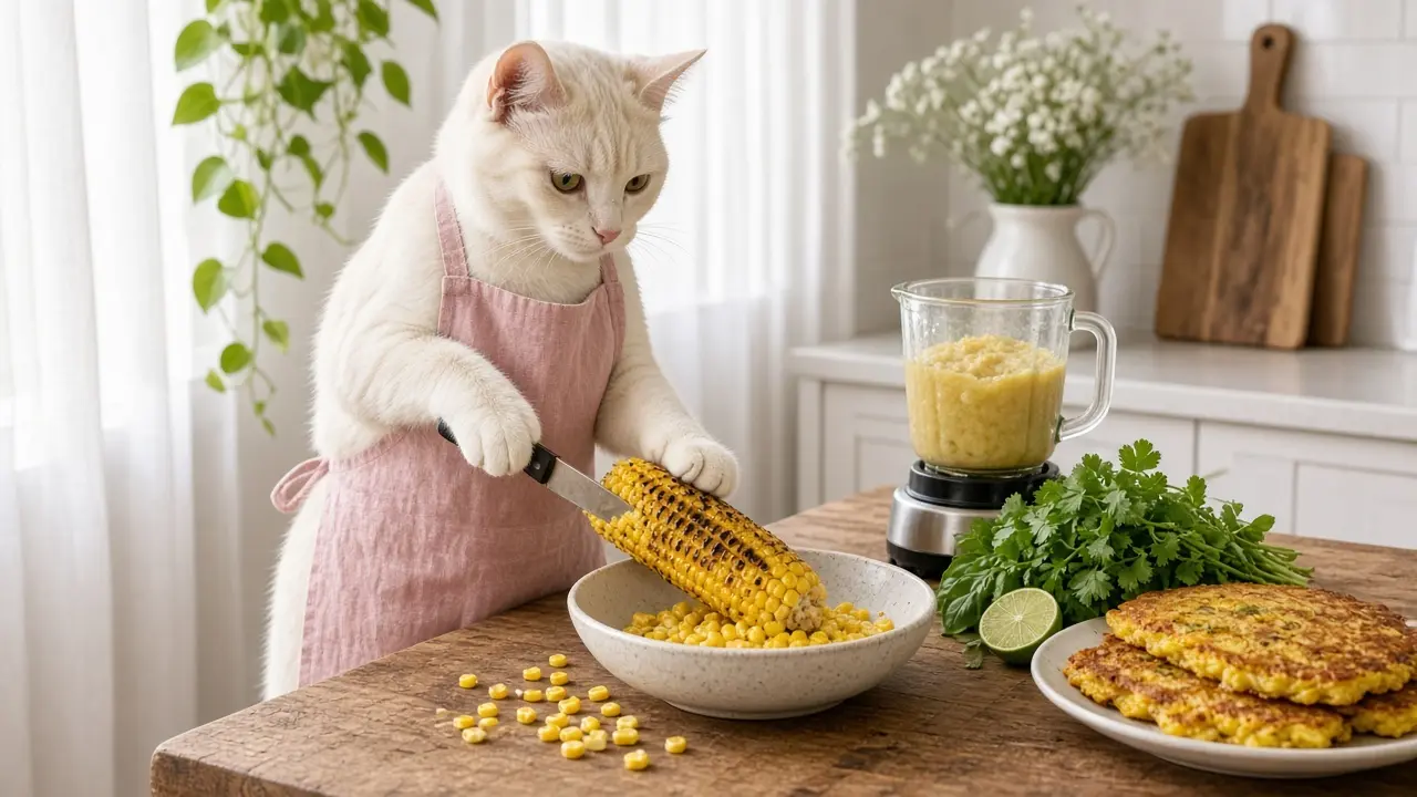 A cream-coloured cat in a pink apron, cooking this dish