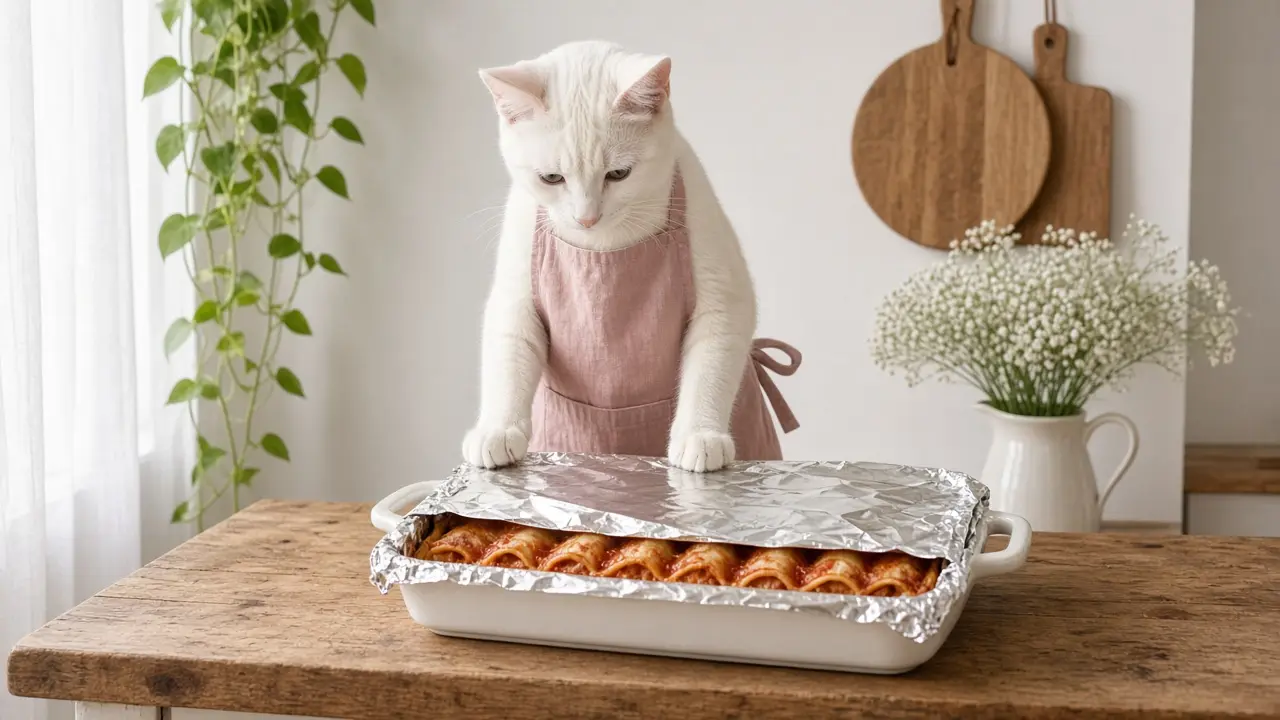 A cream-coloured cat in a pink apron, cooking this dish