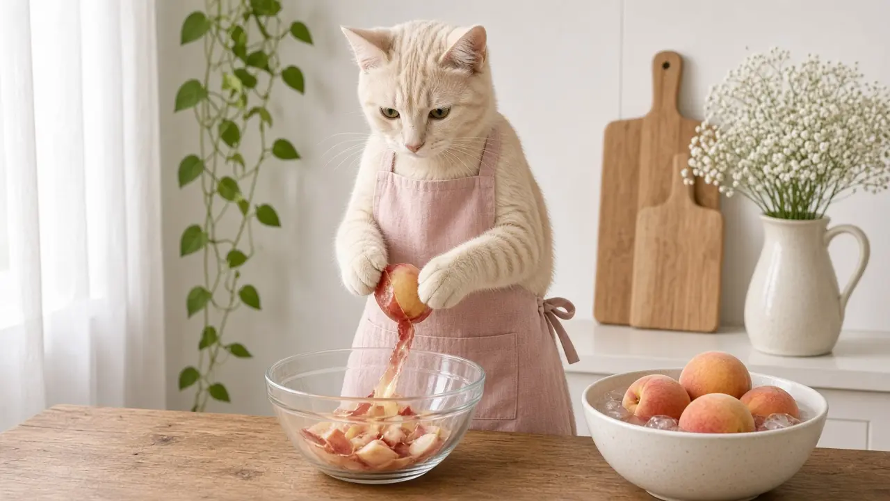 A cream-coloured cat in a pink apron, cooking this dish