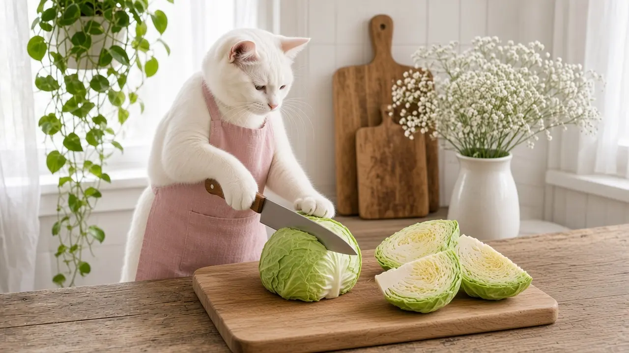 A cream-coloured cat in a pink apron, cooking this dish