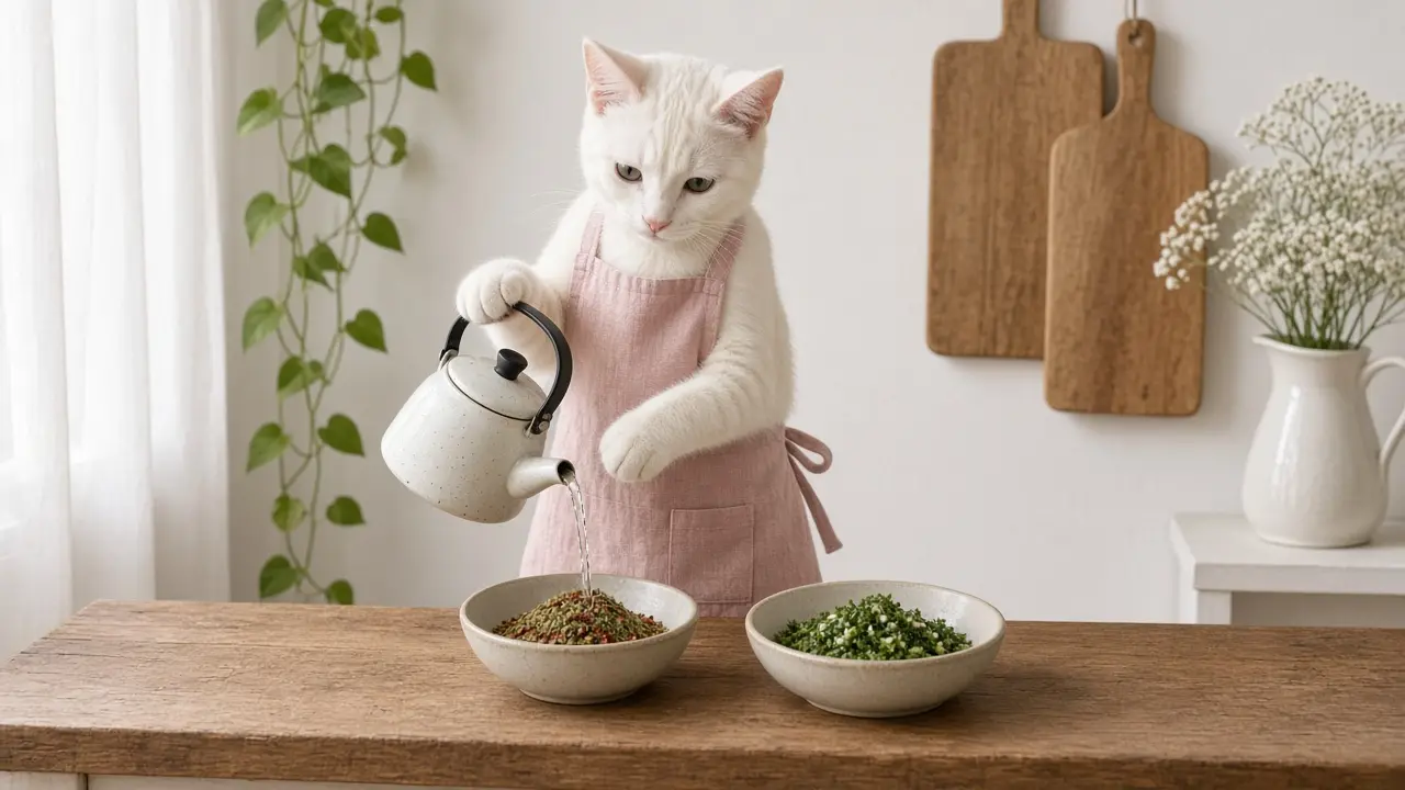 A cream-coloured cat in a pink apron, cooking this dish
