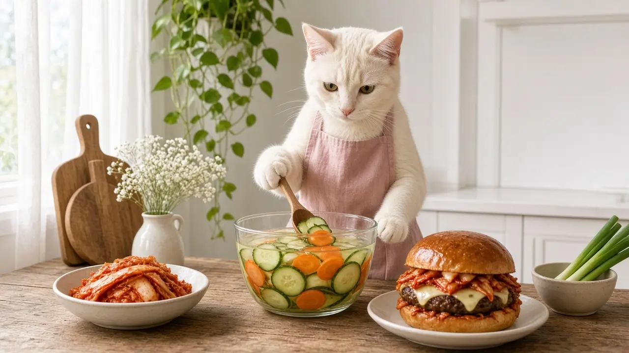 A cream-coloured cat in a pink apron, cooking this dish