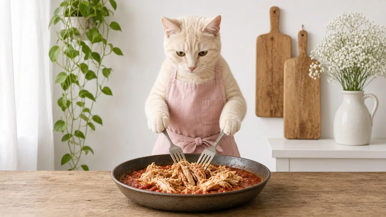 A cream-coloured cat in a pink apron, cooking this dish