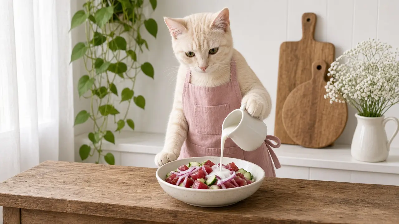 A cream-coloured cat in a pink apron, cooking this dish