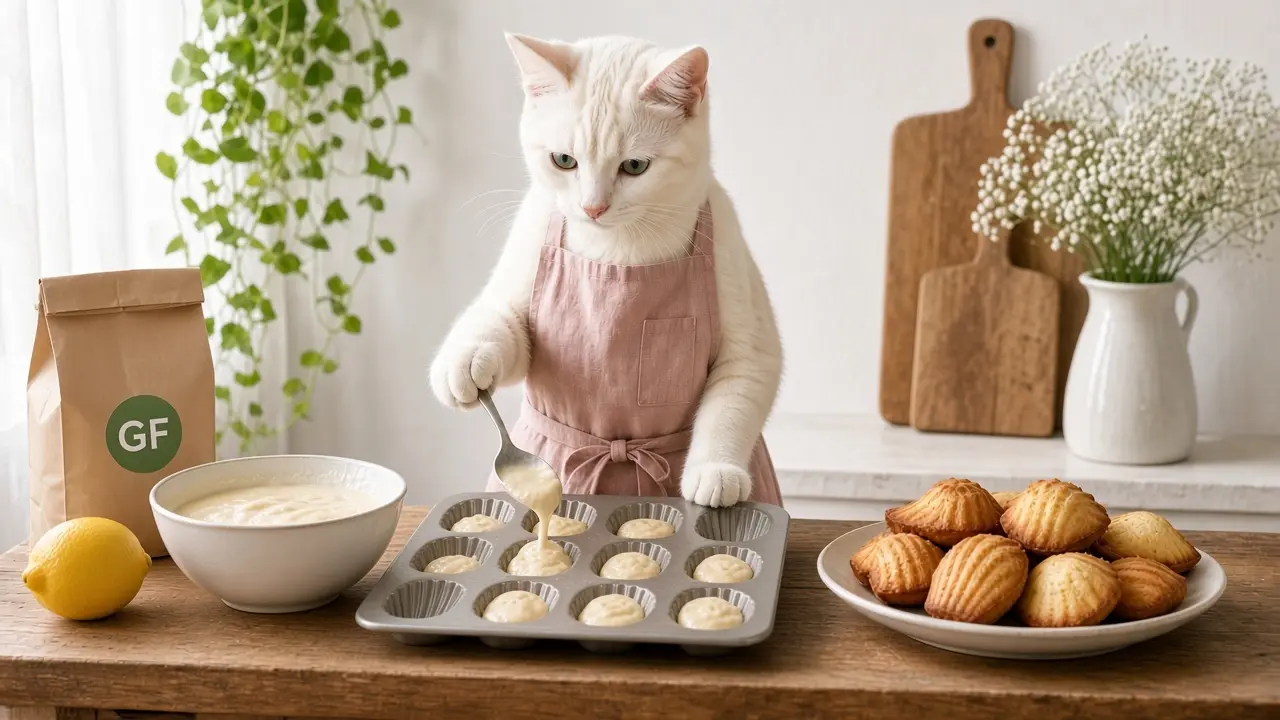 A cream-coloured cat in a pink apron, cooking this dish
