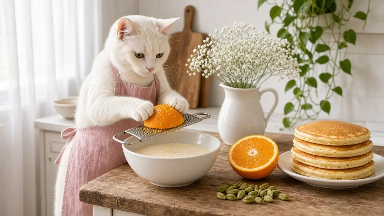 A cream-coloured cat in a pink apron, cooking this dish