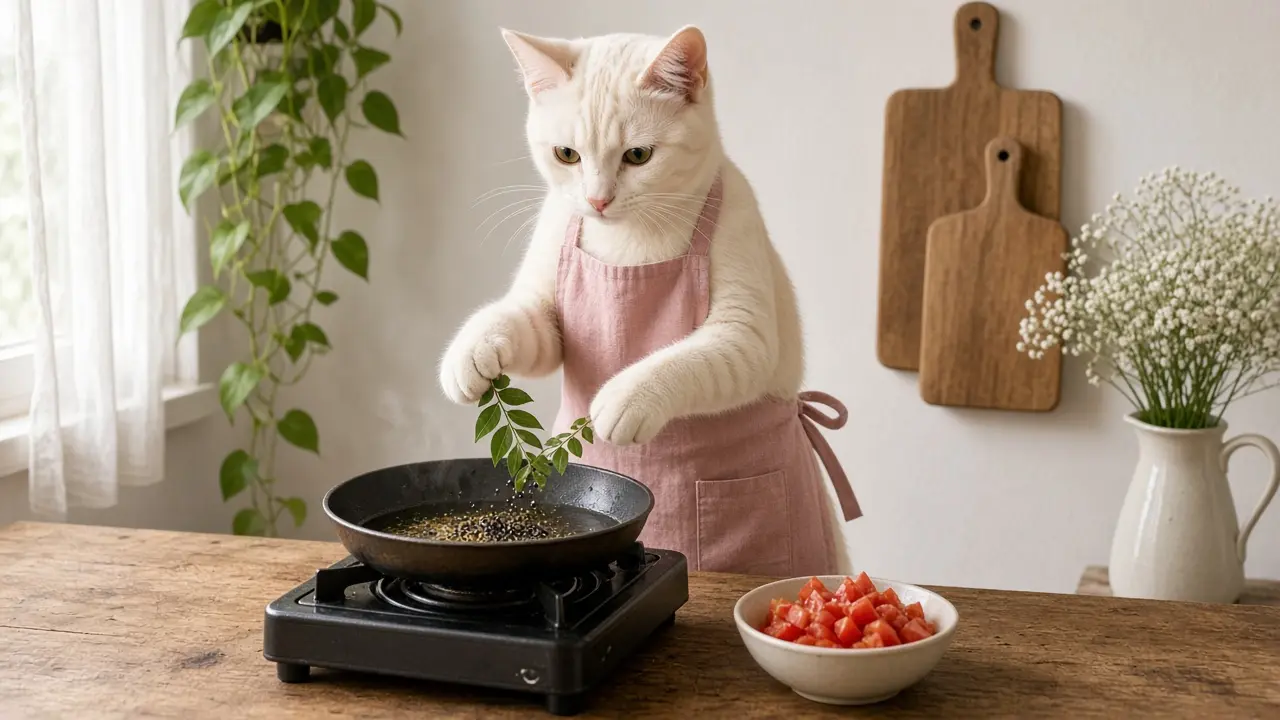 A cream-coloured cat in a pink apron, cooking this dish