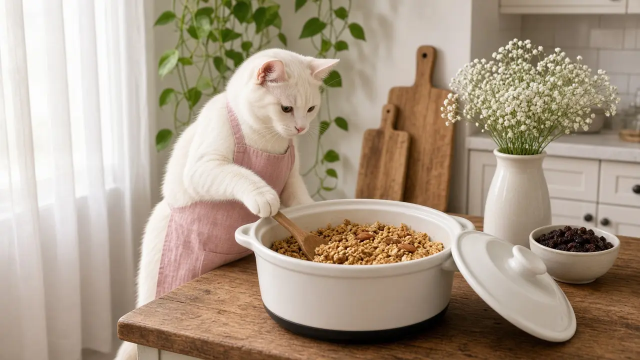 A cream-coloured cat in a pink apron, cooking this dish