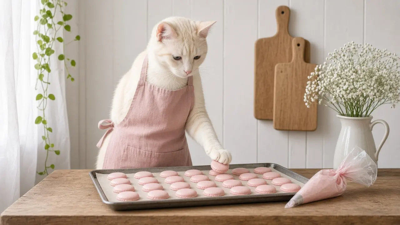 A cream-coloured cat in a pink apron, cooking this dish