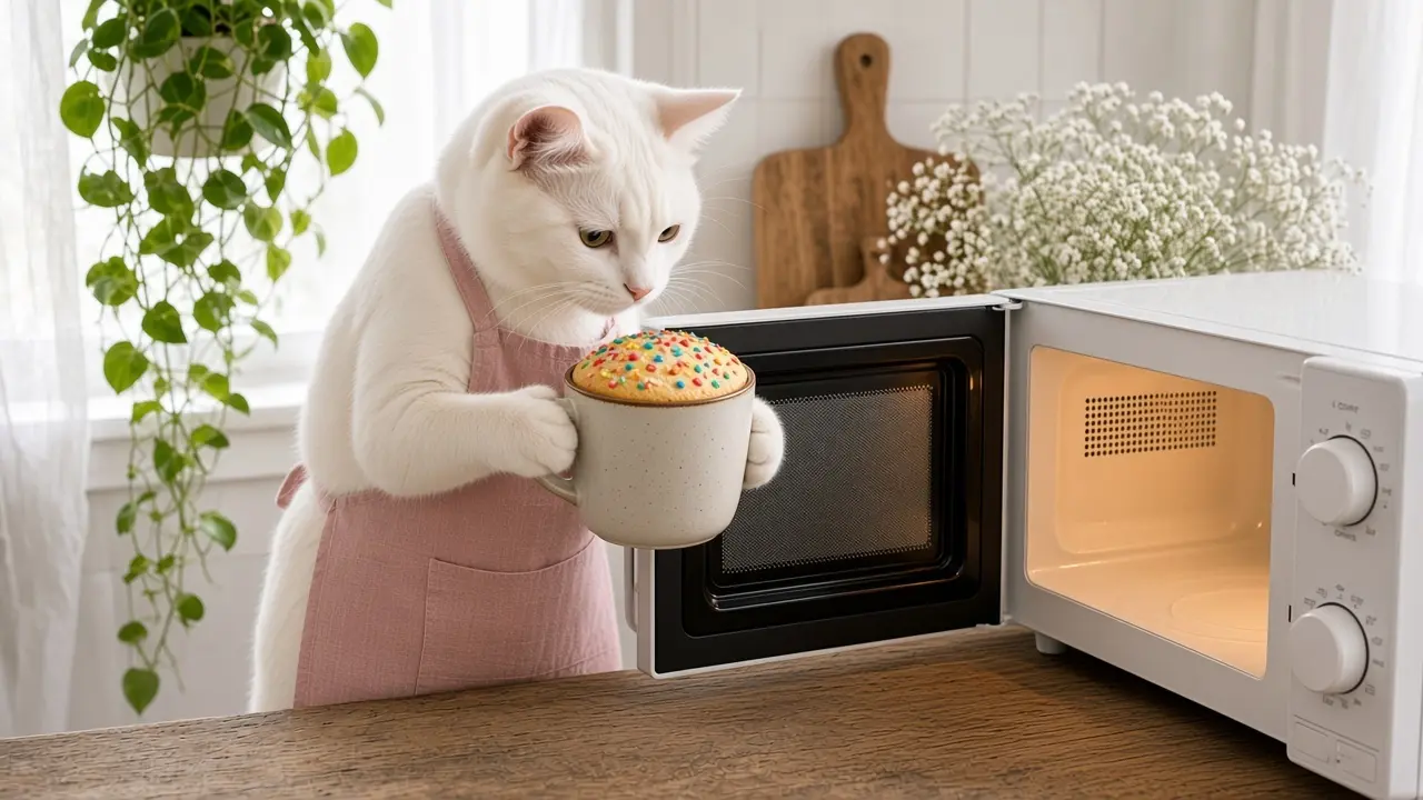 A cream-coloured cat in a pink apron, cooking this dish