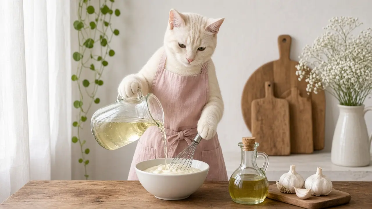 A cream-coloured cat in a pink apron, cooking this dish