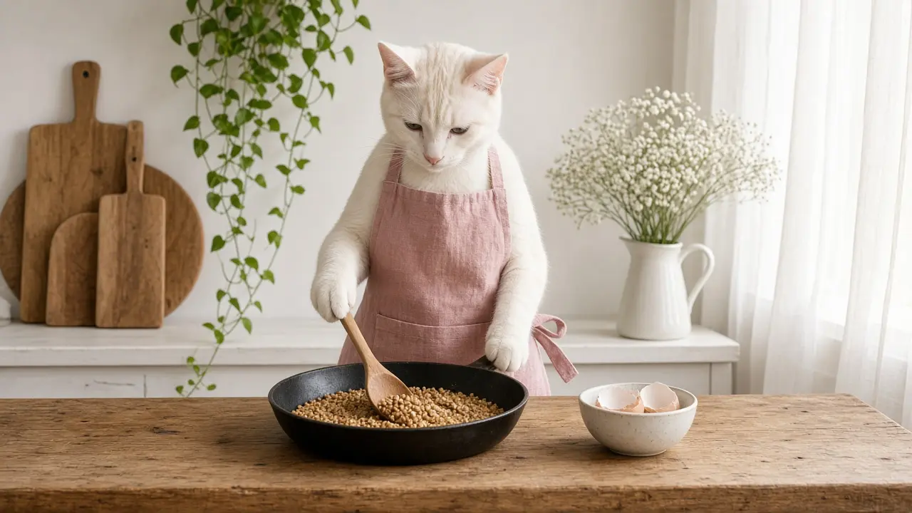 A cream-coloured cat in a pink apron, cooking this dish