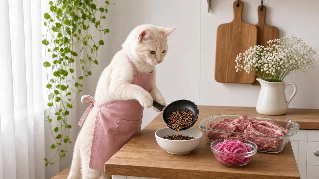 A cream-coloured cat in a pink apron, cooking this dish