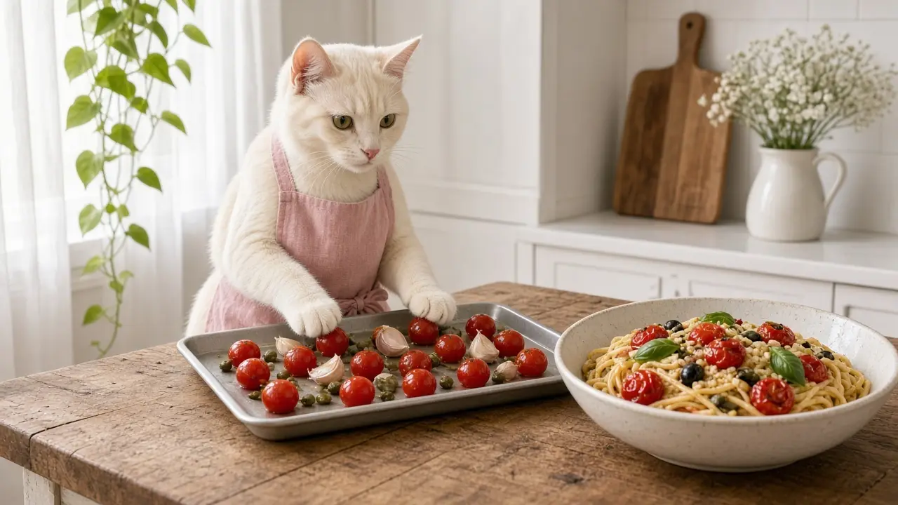 A cream-coloured cat in a pink apron, cooking this dish