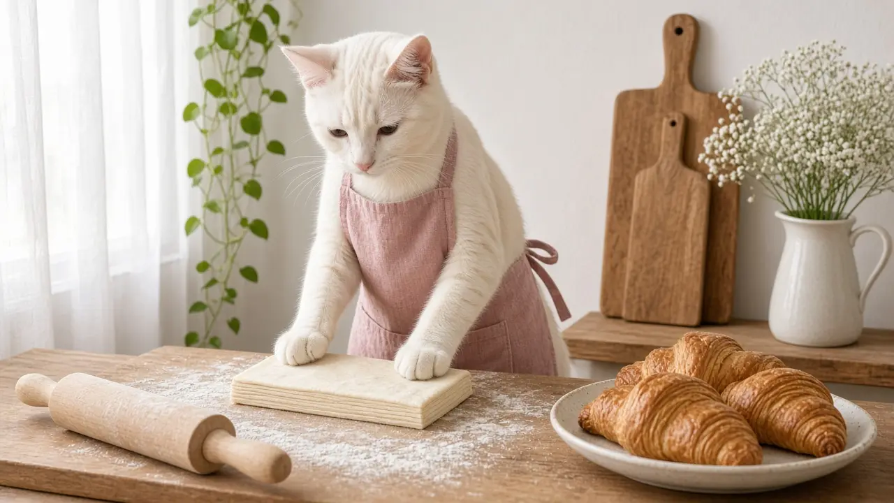 A cream-coloured cat in a pink apron, cooking this dish