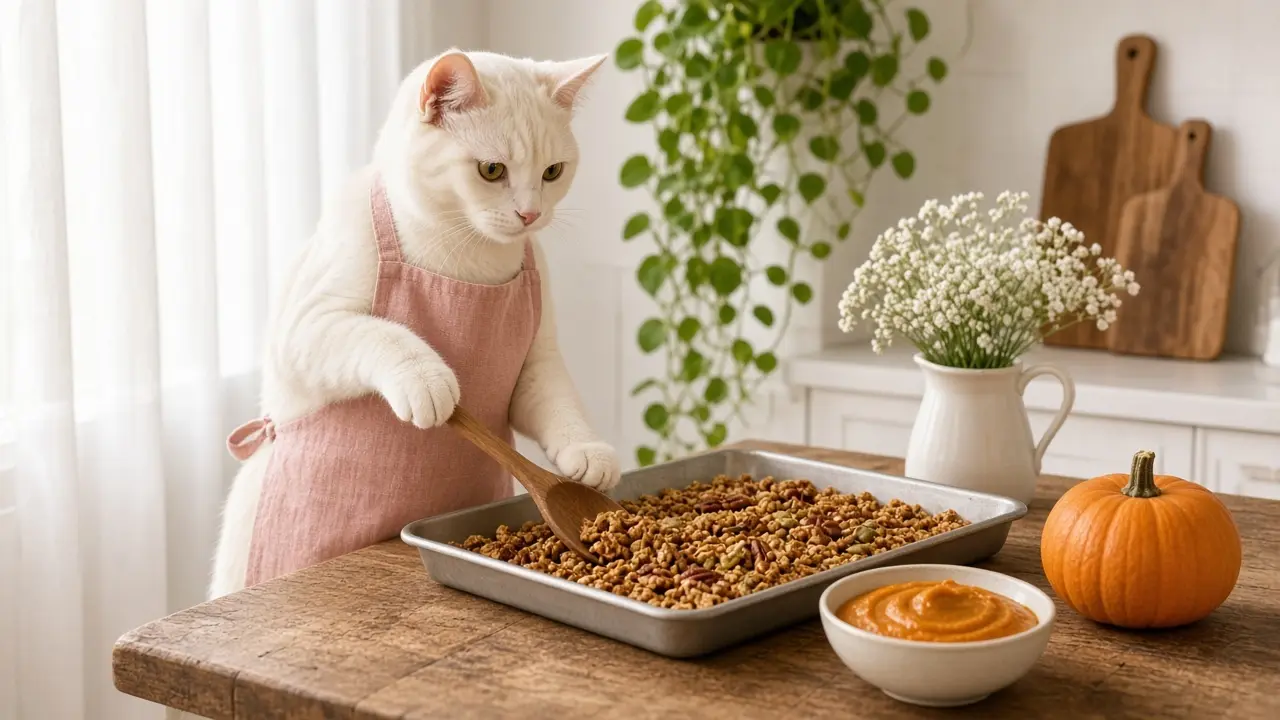 A cream-coloured cat in a pink apron, cooking this dish