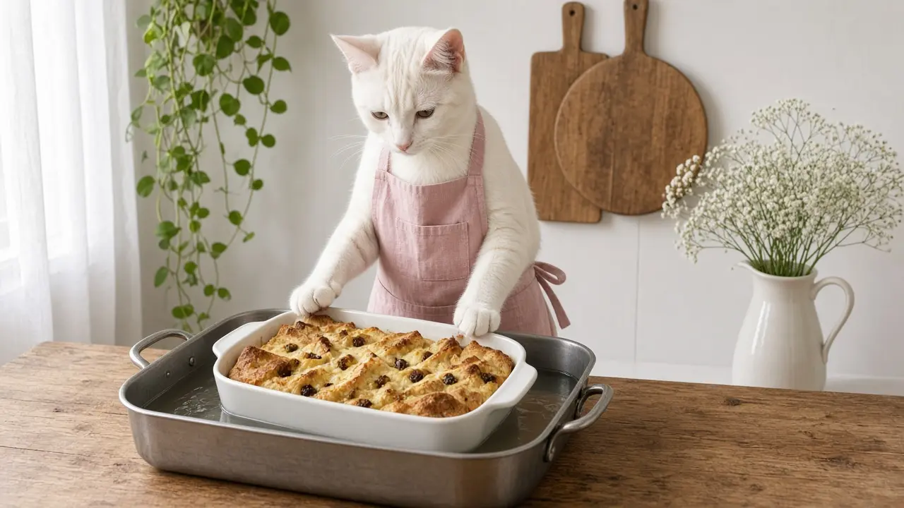 A cream-coloured cat in a pink apron, cooking this dish