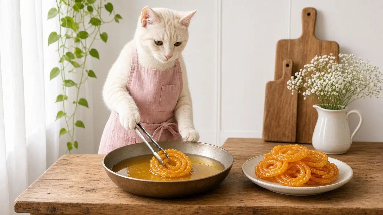A cream-coloured cat in a pink apron, cooking this dish
