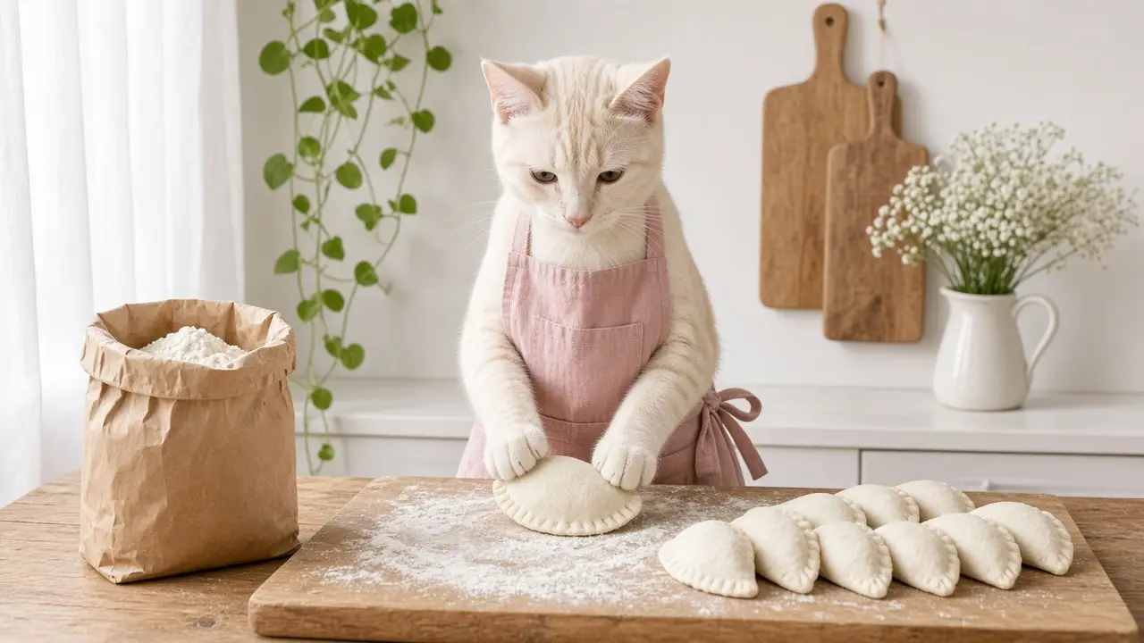 A cream-coloured cat in a pink apron, cooking this dish