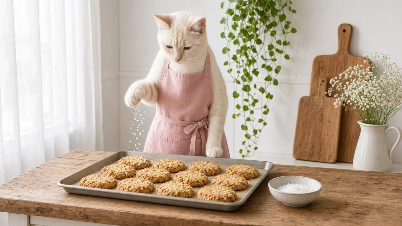 A cream-coloured cat in a pink apron, cooking this dish