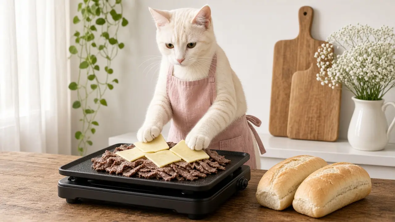 A cream-coloured cat in a pink apron, cooking this dish