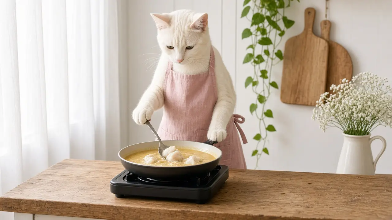 A cream-coloured cat in a pink apron, cooking this dish