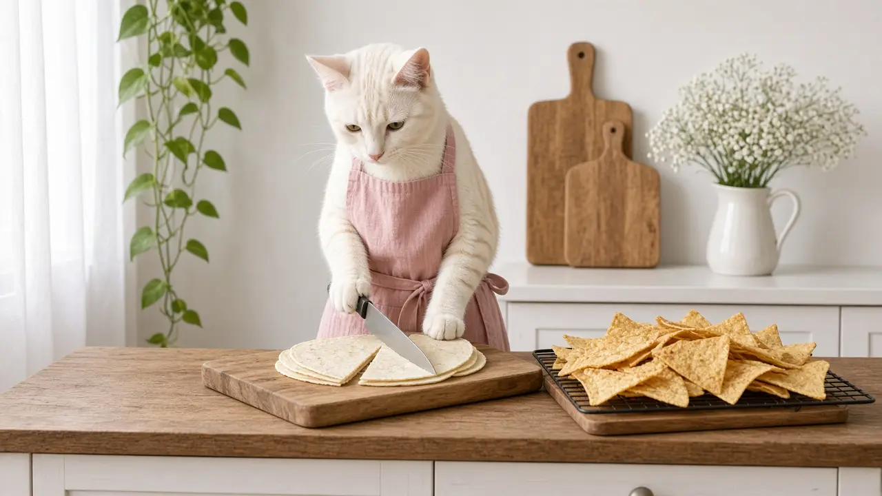 A cream-coloured cat in a pink apron, cooking this dish