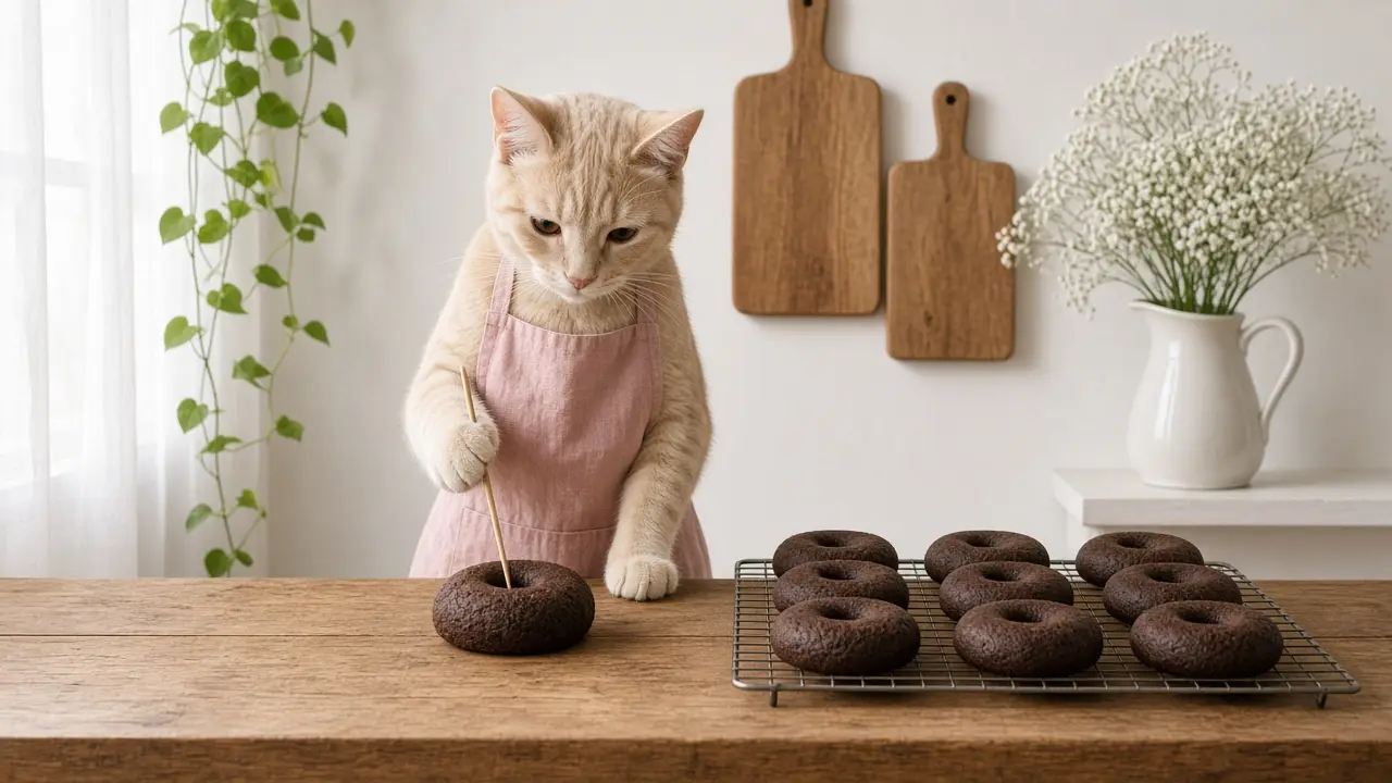 A cream-coloured cat in a pink apron, cooking this dish